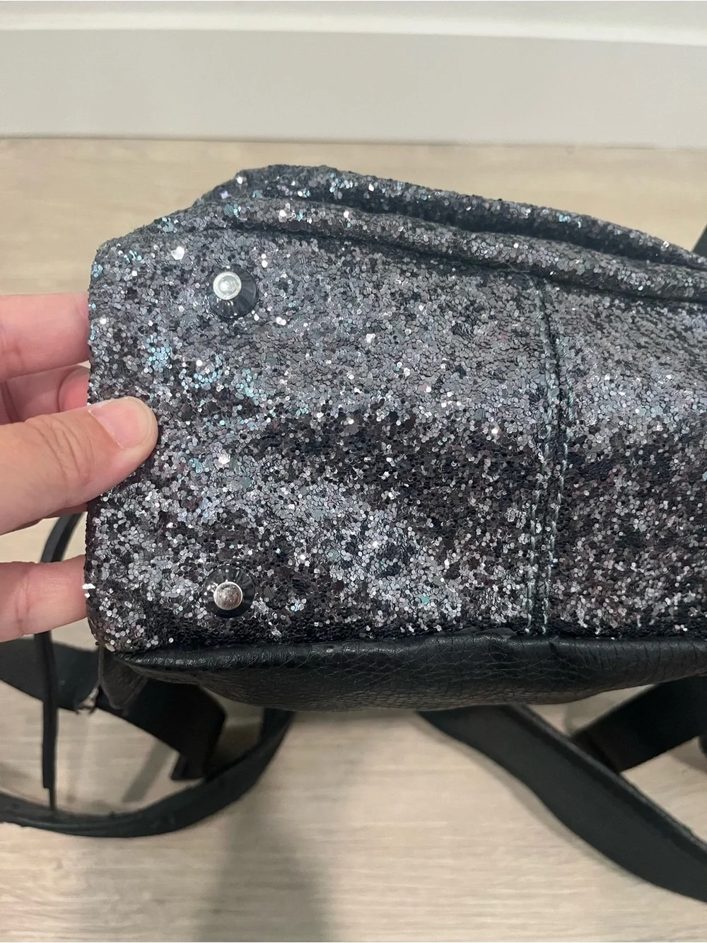 Chiara Ferragni Flirting Glitter Backpack Dark Silver Black Eye Leather Mini